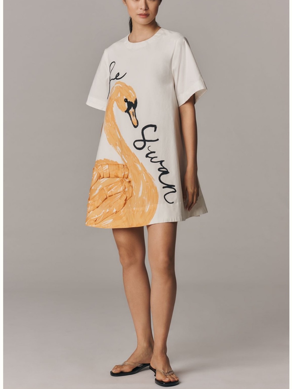 Anthropologie White Mini Dress with Orange Swan Graphic
